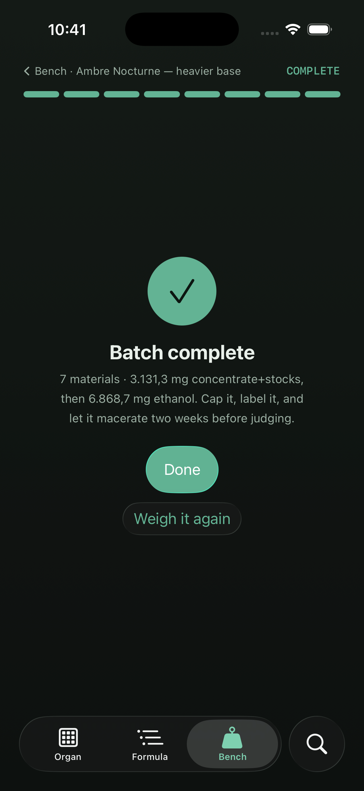 Batch complete — 7 materials weighed