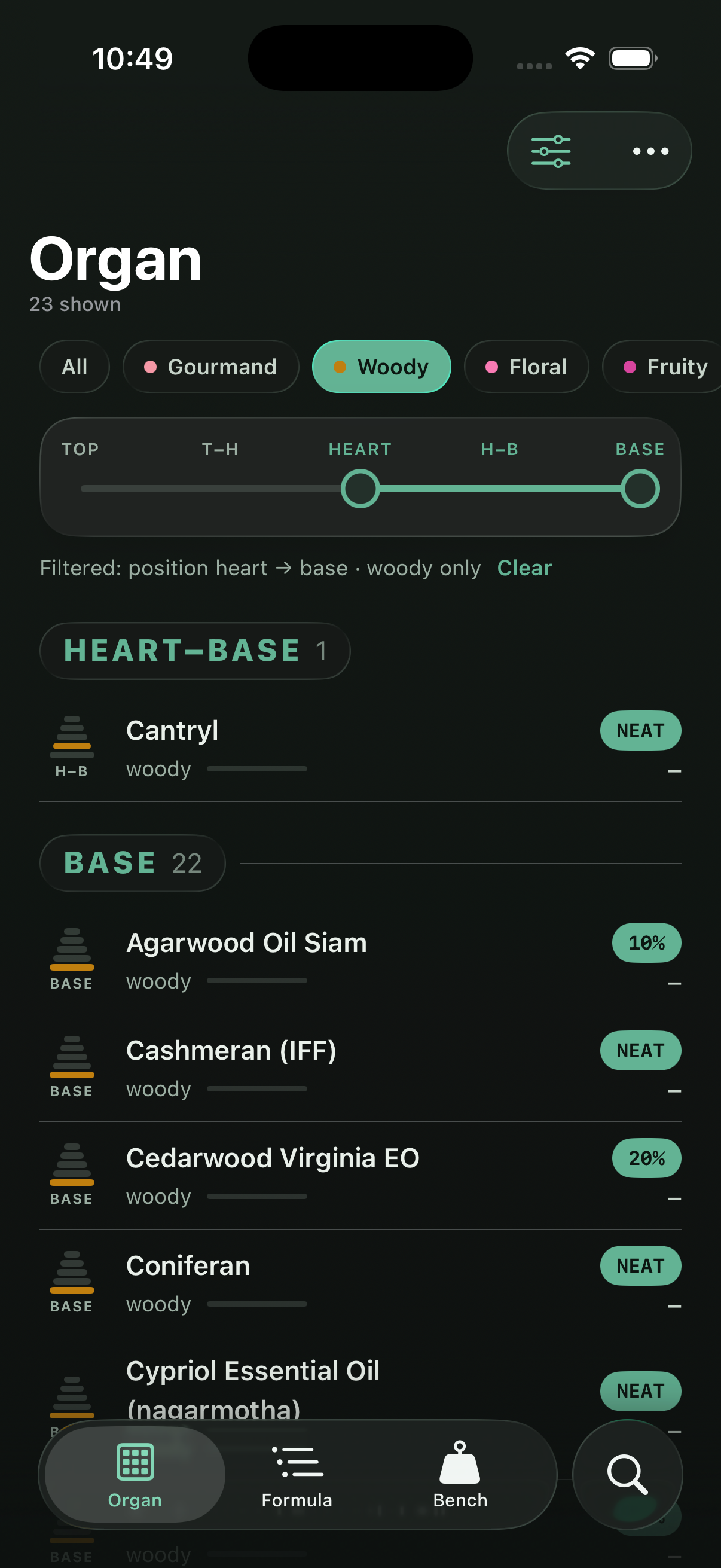 The organ filtered to woody materials from heart to base